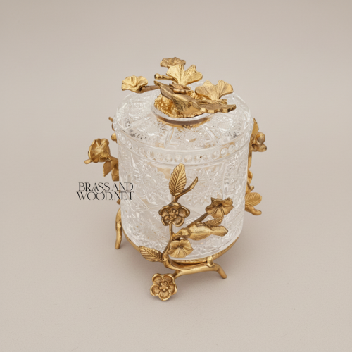 Classical Crystal Brass Bonbonniere Ornate Floral Branch Birds Frame Brass and Wood Antique Front | Brass & Wood