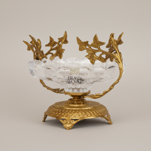 Classical Crystal and Brass Bonbonniere Ivy Vine Handles Ornate Footed Base Brass and Wood Antique Front | Brass & Wood