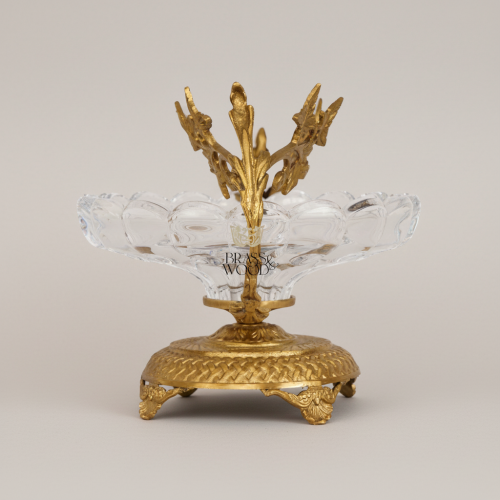 Classical Crystal and Brass Bonbonniere Ivy Vine Handles Ornate Footed Base Brass and Wood Antique Front | Brass & Wood