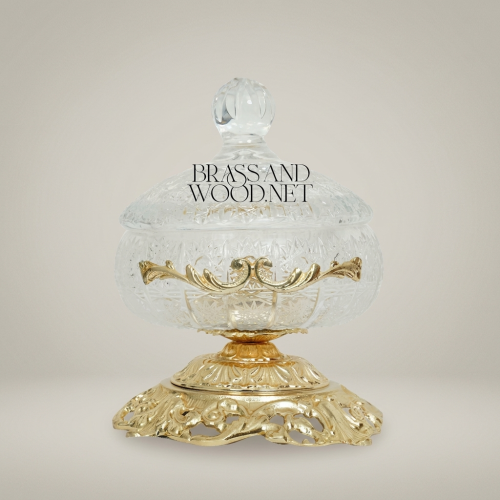 Classical Crystal Brass Bonbonniere Ornate Filigree Pedestal Domed Lid Gold Front | Brass & Wood
