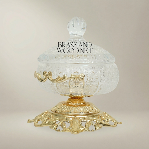 Classical Crystal Brass Bonbonniere Ornate Filigree Pedestal Domed Lid Gold Front | Brass & Wood