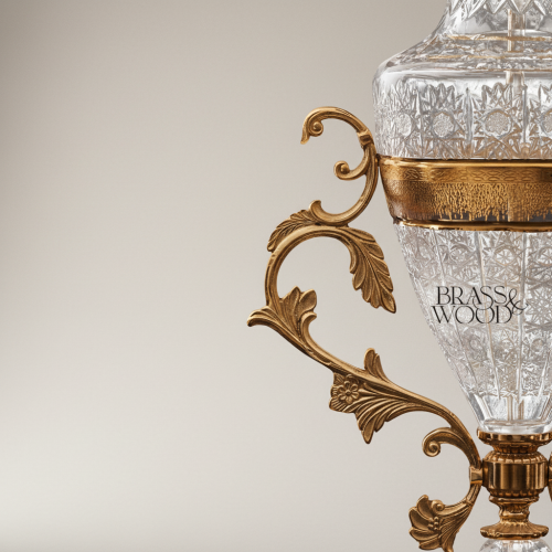 Classical Crystal Brass 3-Arm Candelabra Table Lamp with Urn Body Crystal Pendants and Etched Glass Shades Gold Front | Brass & Wood