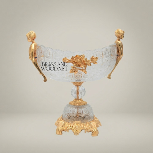Classical Crystal and Brass Centerpiece Bowl Figural Female Handles Floral Ornament Baroque Base Brass and Wood Gold Front | Brass & Wood