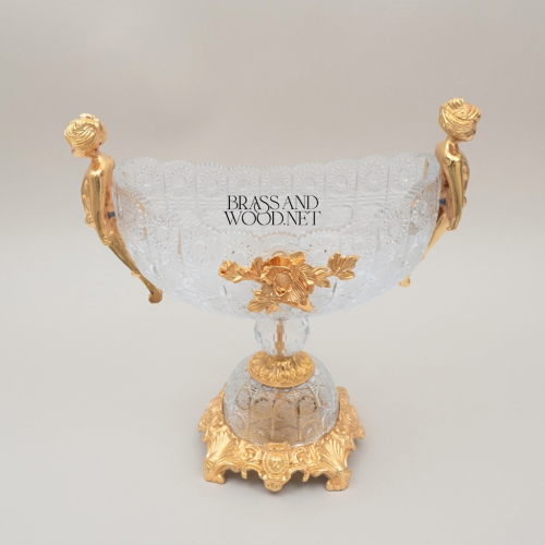 Classical Crystal and Brass Centerpiece Bowl Figural Female Handles Floral Ornament Baroque Base Brass and Wood Gold Front | Brass & Wood