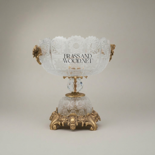 Classical Heavily Ornate Crystal Brass Centerpiece Bowl Scalloped Rim Floral Handles Baroque Base Brass and Wood Antique Front | Brass & Wood