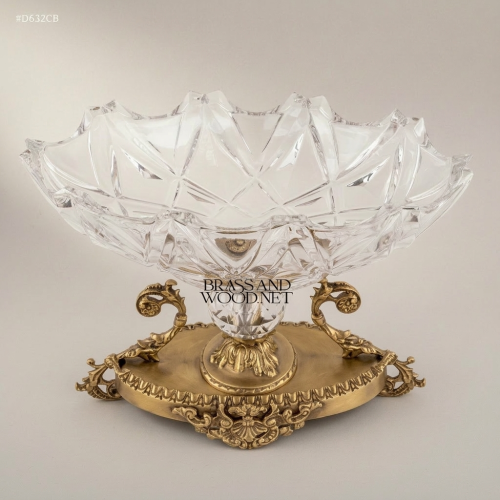 Classical Crystal Cut Candy Bowl Ornate Brass Baroque Pedestal Centerpiece - Brass and Wood Antique Front | Brass & Wood