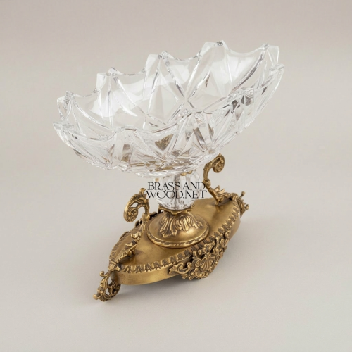 Classical Crystal Cut Candy Bowl Ornate Brass Baroque Pedestal Centerpiece - Brass and Wood Antique Front | Brass & Wood