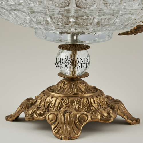Classical Crystal Brass Compote Bowl Ornate Pedestal with Side Handles Brass and Wood Antique Front | Brass & Wood