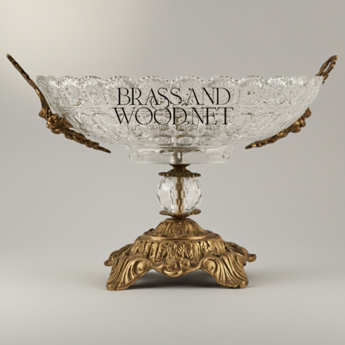 Classical Crystal Brass Compote Bowl Ornate Pedestal with Side Handles Brass and Wood Antique Front | Brass & Wood