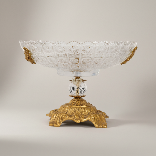Classical Handcrafted Crystal Compote Bowl with Ornate Brass Scrolled Base Antique Front | Brass & Wood