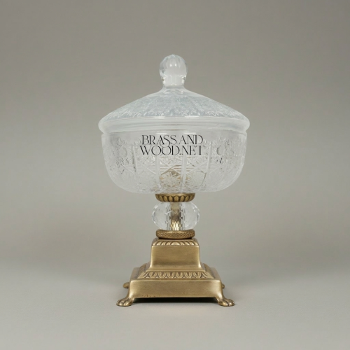 Classical Heavily Ornate Crystal Lidded Bonbonniere with Brass Footed Base Antique Front | Brass & Wood