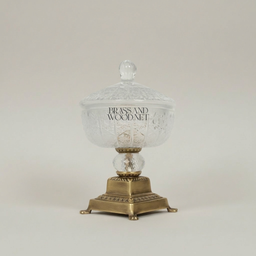 Classical Heavily Ornate Crystal Lidded Bonbonniere with Brass Footed Base Antique Front | Brass & Wood