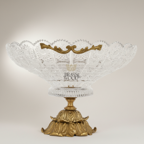 Classical Cut Crystal Footed Centerpiece Bowl with Ornate Brass Base and Scalloped Rim Antique Front | Brass & Wood