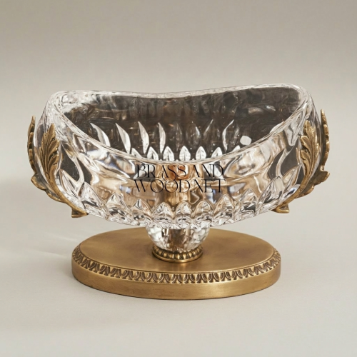 Classical Oval Crystal Bonbonniere Brass Acanthus Leaf Pedestal Luxury Centerpiece Antique Front | Brass & Wood