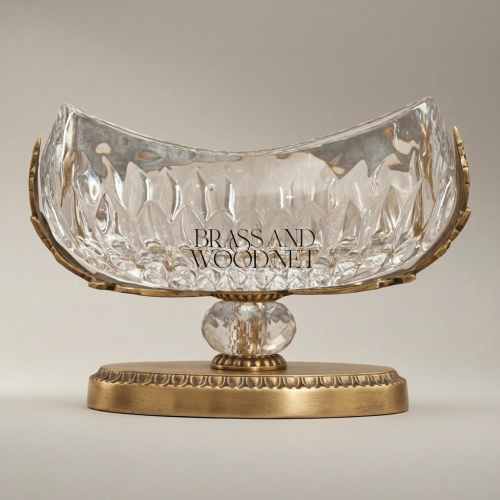 Classical Oval Crystal Bonbonniere Brass Acanthus Leaf Pedestal Luxury Centerpiece Antique Front | Brass & Wood