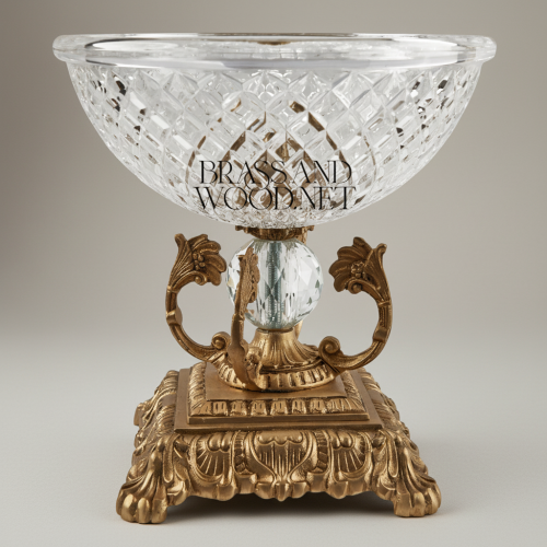 Classical Diamond-Cut Crystal Candy Bowl on Ornate Brass Pedestal Scrollwork Stand - Brass and Wood Antique Front | Brass & Wood