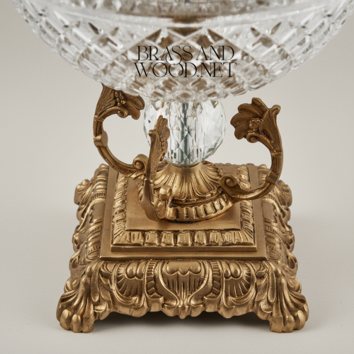 Classical Diamond-Cut Crystal Candy Bowl on Ornate Brass Pedestal Scrollwork Stand - Brass and Wood Antique Front | Brass & Wood