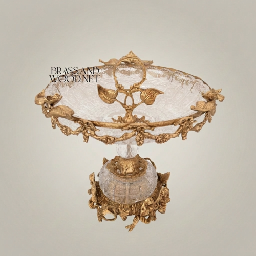 Classical Crystal Brass Pedestal Candy Dish Floral Swag Ornate Sphere Base Brass and Wood Gold Front | Brass & Wood