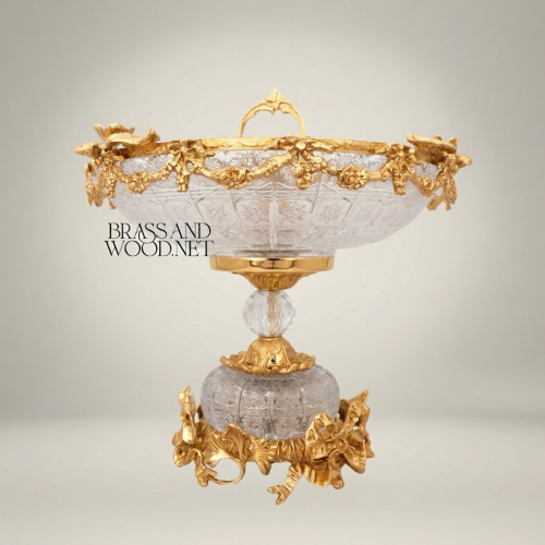 Classical Crystal Brass Pedestal Candy Dish Floral Swag Ornate Sphere Base Brass and Wood Gold Front | Brass & Wood