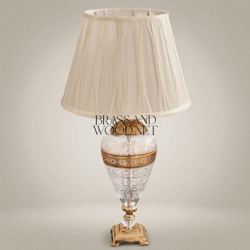 Classical Hand-Engraved Crystal Brass Table Lamp Urn Body Ivory Shade Brass and Wood Gold Front | Brass & Wood