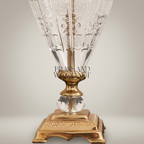 Classical Hand-Engraved Crystal Brass Table Lamp Urn Body Ivory Shade Brass and Wood Gold Front | Brass & Wood