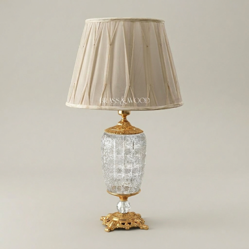 Classical Crystal Brass Table Lamp Star-Cut Body Ornate Foliage Base Ivory Fabric Shade Brass and Wood Gold Front | Brass & Wood