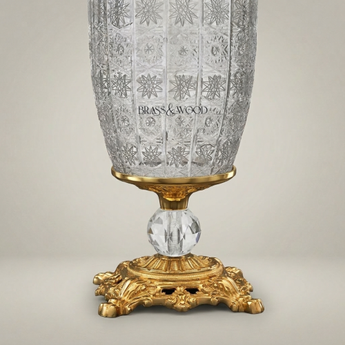 Classical Crystal Brass Table Lamp Star-Cut Body Ornate Foliage Base Ivory Fabric Shade Brass and Wood Gold Front | Brass & Wood