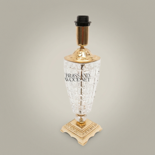Classical Crystal Brass Table Lamp Urn Body Ornate Square Base Cream Fabric Shade Gold Front | Brass & Wood