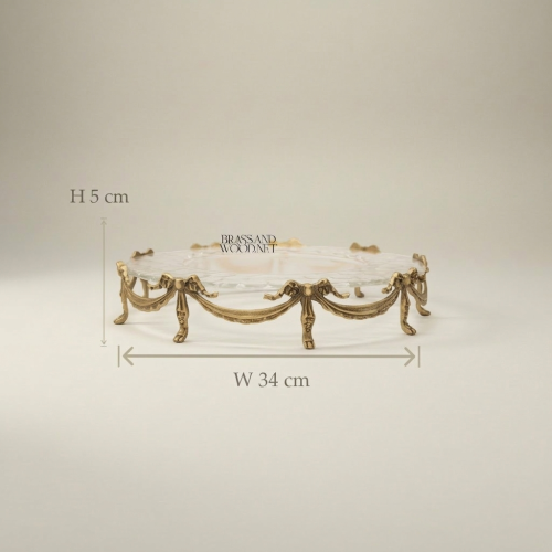 Classical Round Crystal Brass Tray with Draped Swag Ornate Legs 34cm Brass and Wood Antique Front | Brass & Wood