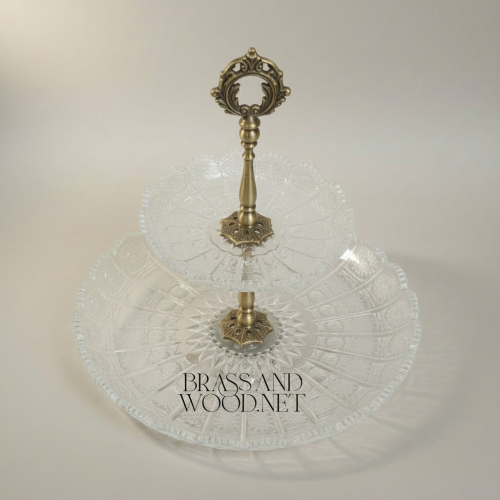 Classical Two-Tier Crystal Brass Ornate Serving Stand Scalloped Trays Baroque Brass and Wood Antique Front | Brass & Wood