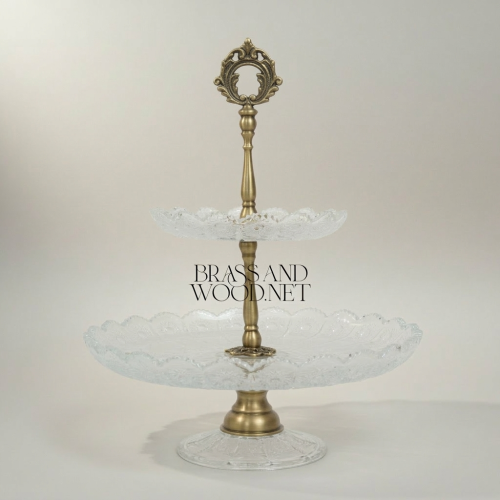 Classical Two-Tier Crystal Brass Ornate Serving Stand Scalloped Trays Baroque Brass and Wood Antique Front | Brass & Wood