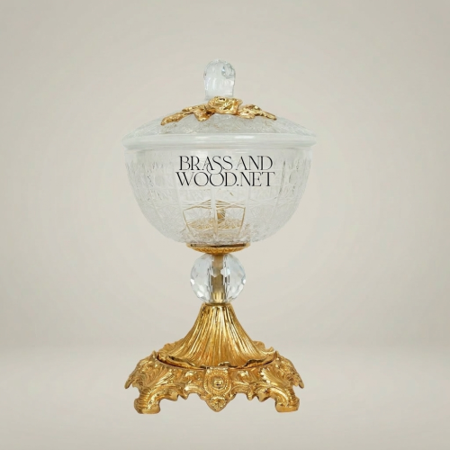Classical Engraved Crystal Candy Dish Floral Brass Lid and Ornate Scrollwork Base Brass and Wood Gold Front | Brass & Wood