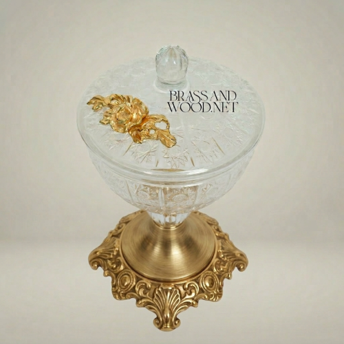 Classical Engraved Crystal Candy Dish Floral Brass Lid and Ornate Scrollwork Base Brass and Wood Gold Front | Brass & Wood