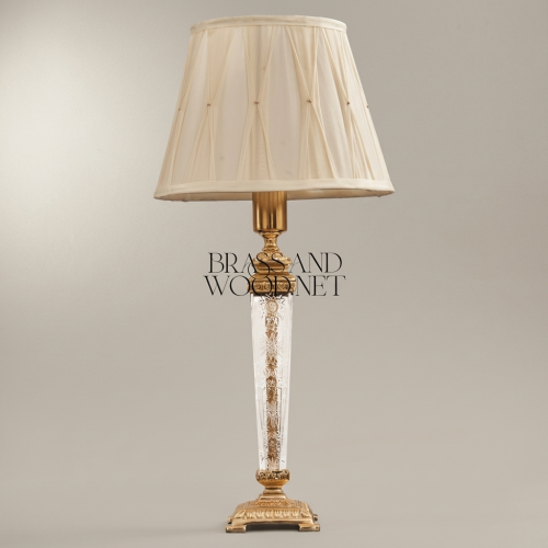 Classical Engraved Crystal Column Table Lamp with Brass Fittings and Ivory Pleated Fabric Shade Gold Front | Brass & Wood