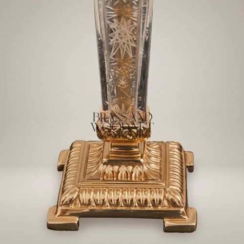 Classical Engraved Crystal Column Table Lamp with Brass Fittings and Ivory Pleated Fabric Shade Gold Front | Brass & Wood