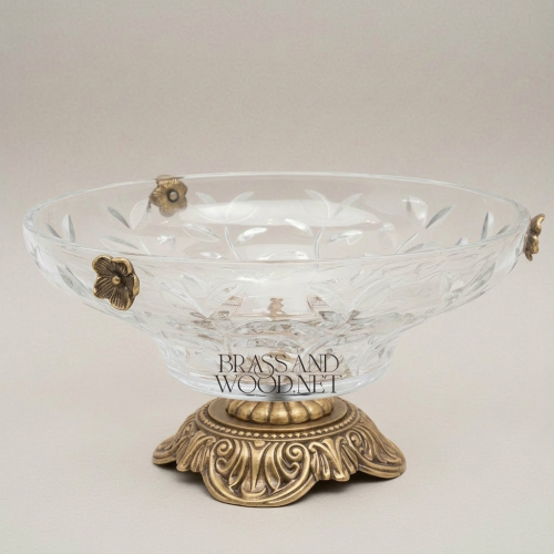 Classical Handcrafted Crystal Fruit Bowl Ornate Brass Acanthus Leaf Base Floral Accents Brass and Wood Antique Front | Brass & Wood