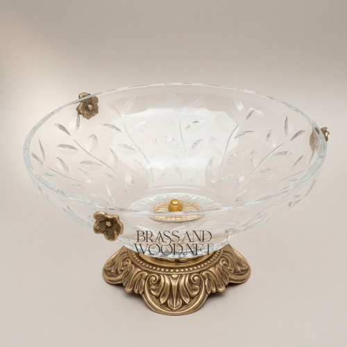 Classical Handcrafted Crystal Fruit Bowl Ornate Brass Acanthus Leaf Base Floral Accents Brass and Wood Antique Front | Brass & Wood