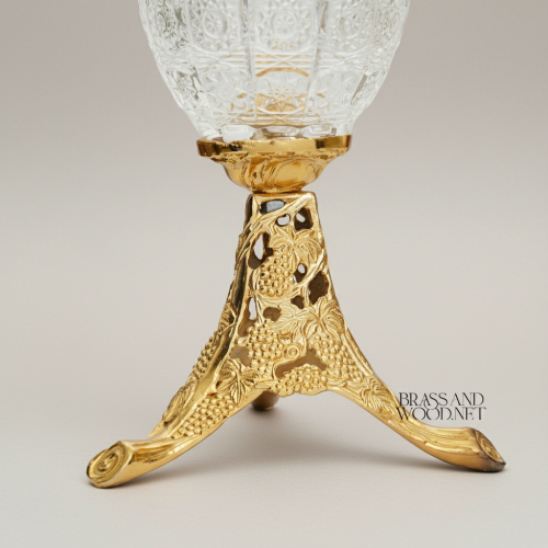 Classical Crystal Goblet Vase with Pierced Brass Grapevine Stand & Crown