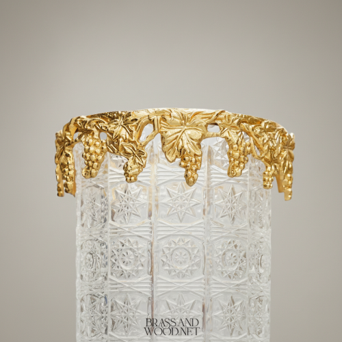 Classical Crystal Goblet Vase with Pierced Brass Grapevine Stand & Crown