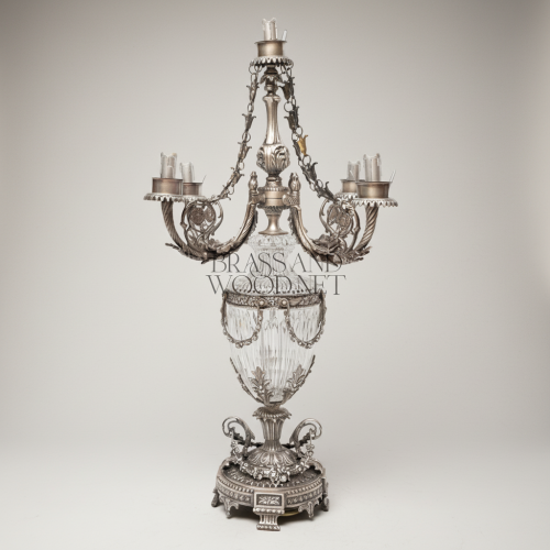 Classical Ornate Crystal Urn 5-Arm Candelabra Table Lamp Brass Acanthus Detail Silver Front | Brass & Wood
