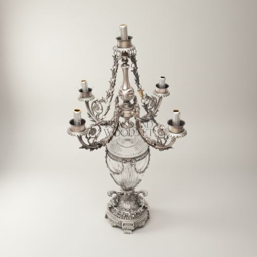 Classical Ornate Crystal Urn 5-Arm Candelabra Table Lamp Brass Acanthus Detail Silver Front | Brass & Wood