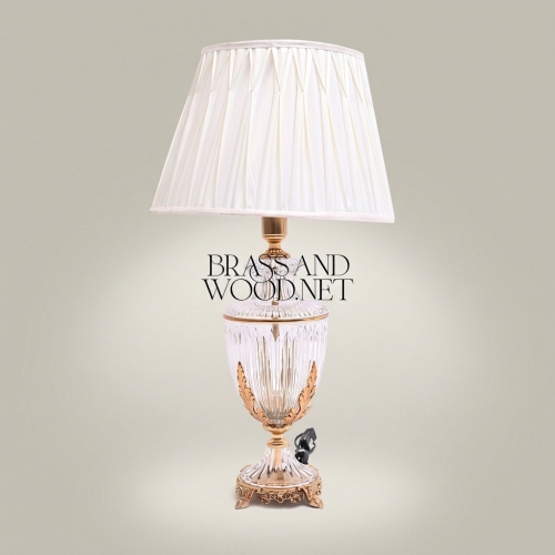 Classical Crystal Urn Table Lamp Brass Acanthus Leaf Base Pleated Off-White Shade Brass and Wood Gold Front | Brass & Wood