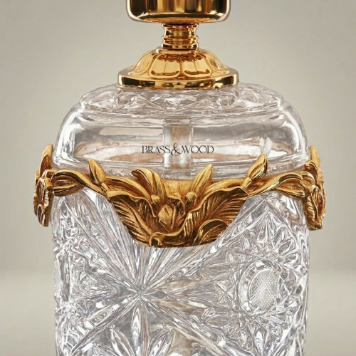 Classical Crystal Urn Table Lamp with Brass Foliage Collar and Cream Fabric Shade Gold Front | Brass & Wood