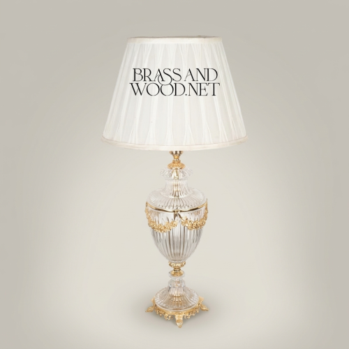 Classical Crystal Urn Table Lamp with Brass Floral Garland and Pleated Off-White Shade – Brass and Wood Gold Front | Brass & Wood