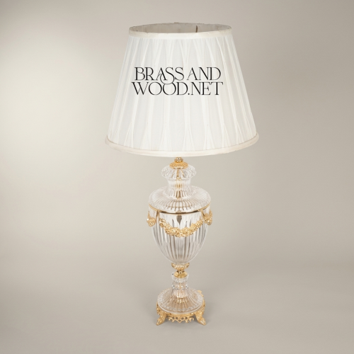 Classical Crystal Urn Table Lamp with Brass Floral Garland and Pleated Off-White Shade – Brass and Wood Gold Front | Brass & Wood