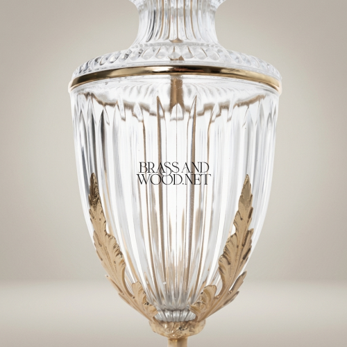 Classical Crystal Urn Table Lamp Brass Leaf Base Pleated White Shade Brass and Wood Gold Front | Brass & Wood