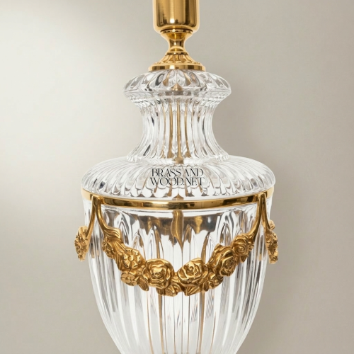 Classical Crystal Urn Table Lamp Floral Brass Garland Ribbed Body Ivory Shade Brass and Wood Gold Front | Brass & Wood