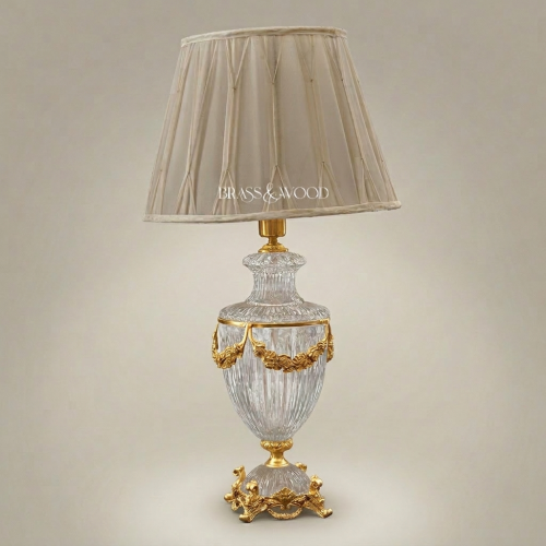 Classical Crystal Urn Table Lamp with Floral Brass Garland Base and Cream Fabric Shade Gold Front | Brass & Wood