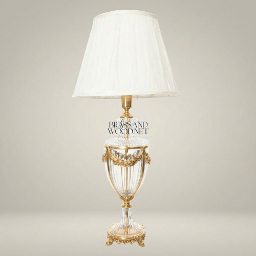 Classical Crystal Urn Table Lamp Floral Brass Garland Ribbed Body Ivory Shade Brass and Wood Gold Front | Brass & Wood
