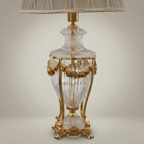 Classical Crystal Urn Table Lamp with Floral Brass Garland Base and Cream Fabric Shade Gold Front | Brass & Wood